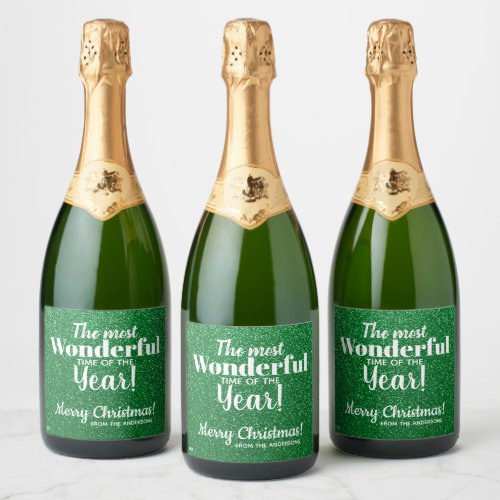 Merry Christmas Green Glitter Sparkling Wine Label