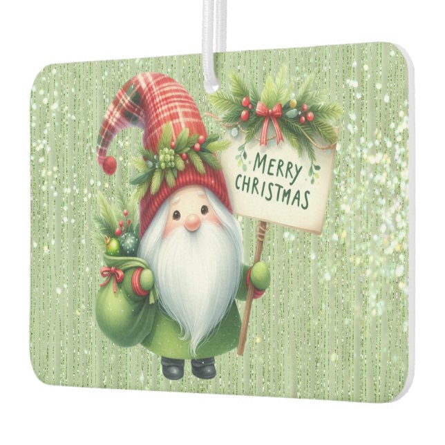 Merry Christmas Green Gnome Glittery Air Freshener (Left)