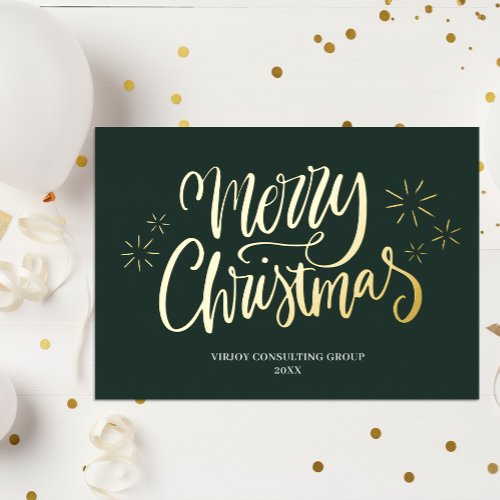 Merry Christmas Green Gold Calligraphy Business Foil Holiday Card