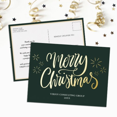 Merry Christmas Green Gold Calligraphy Business Foil Holiday Postcard