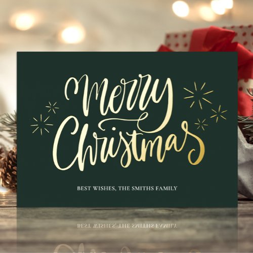 Merry Christmas Green Gold Calligraphy Non Photo Foil Holiday Card