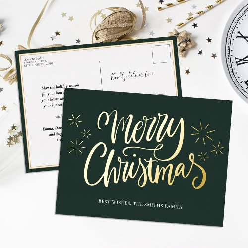Merry Christmas Green Gold Calligraphy Non Photo Foil Holiday Postcard