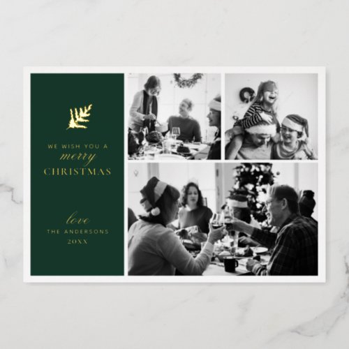 Merry Christmas Green gold collage multi photo Foil Holiday Card