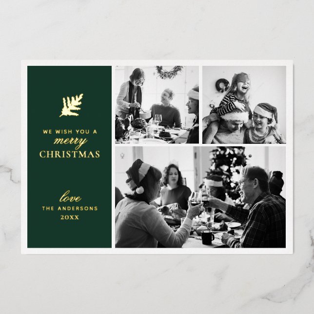 Merry Christmas. Green gold collage multi photo Foil Holiday Card (Front)