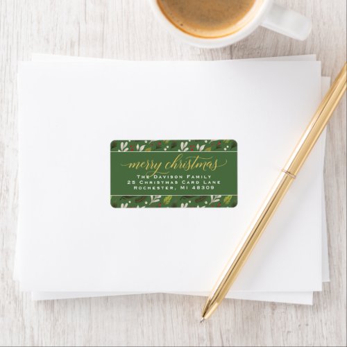 Merry Christmas Green Gold Elegant Script Address Label