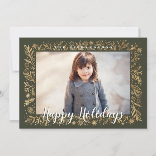 Merry Christmas Green  Gold Foliage  Snowflakes Holiday Card