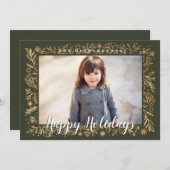 Merry Christmas Green & Gold Foliage & Snowflakes Holiday Card (Front/Back)