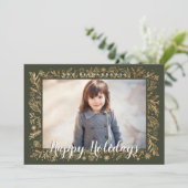 Merry Christmas Green & Gold Foliage & Snowflakes Holiday Card (Standing Front)