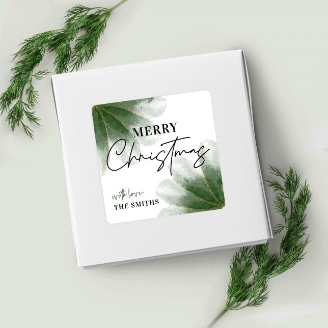 Merry Christmas Green & Gold Glitter Watercolor Square Sticker (Creator Uploaded)