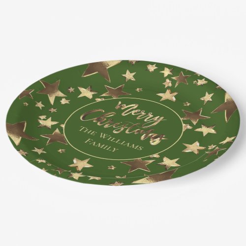 Merry Christmas Green Gold Stars Elegant Paper Plates