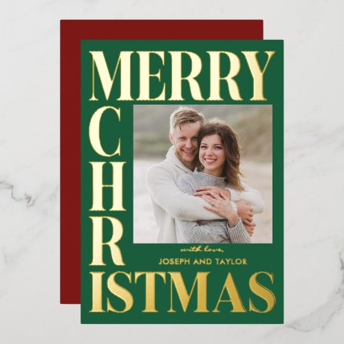 Merry Christmas Green Gold Typography Square Photo Foil Holiday Card