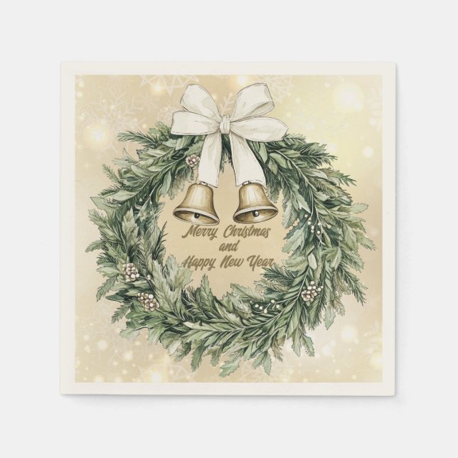 Merry Christmas  Green Gold White Wreath Napkins (Front)