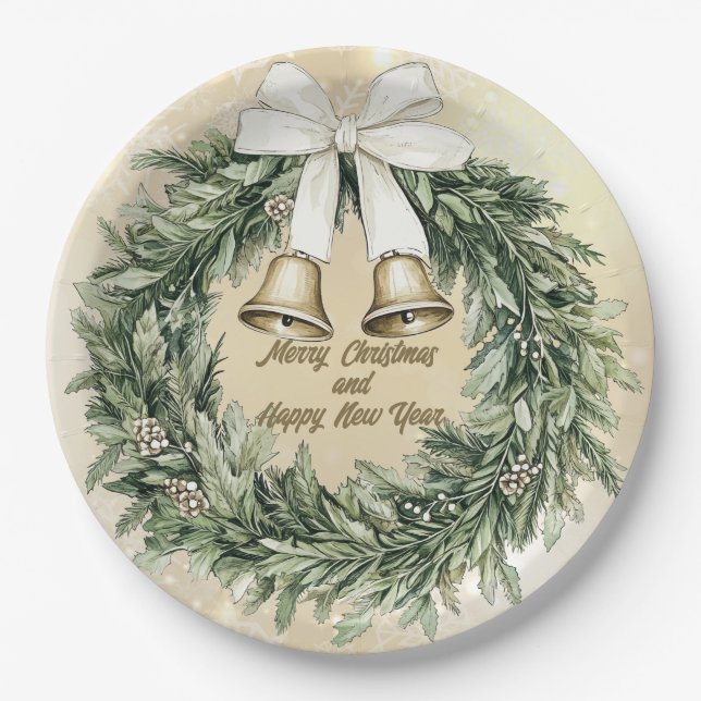 Merry Christmas  Green Gold White Wreath Paper Plates (Front)