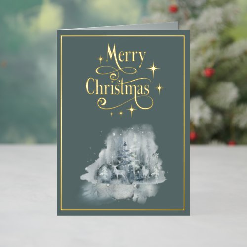 Merry Christmas green gold Winter Deer Foil Holiday Card