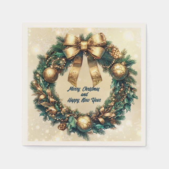 Merry Christmas  Green Gold Wreath Napkins (Front)