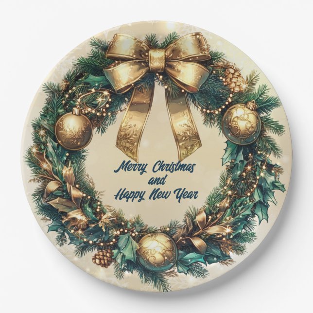 Merry Christmas  Green Gold Wreath Paper Plates (Front)