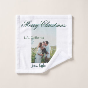 merry christmas green gray photo name place modern wash cloth
