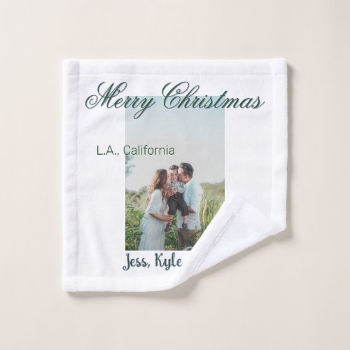 merry christmas green gray photo name place modern wash cloth