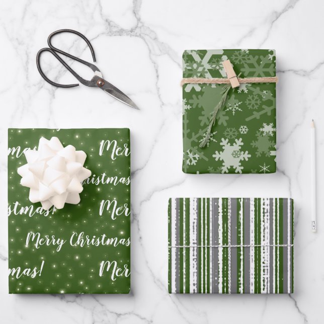 Merry Christmas Green Grey Winter Wrapping Paper Sheets (Front)