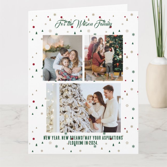 Merry Christmas Green Holiday Card 3 Photo Collage (Front)