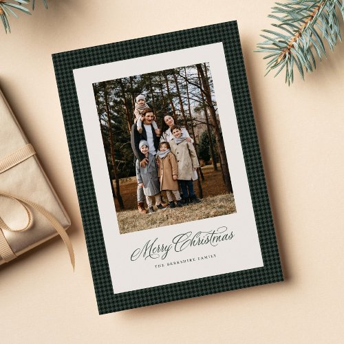 Merry Christmas green houndstooth frame photo Holiday Card