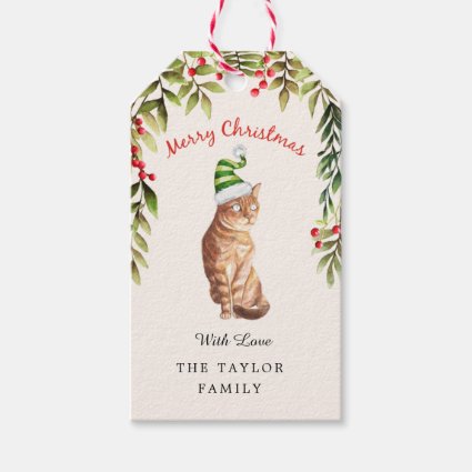 Merry Christmas Green Leaf Red Berries Cat Lovers 