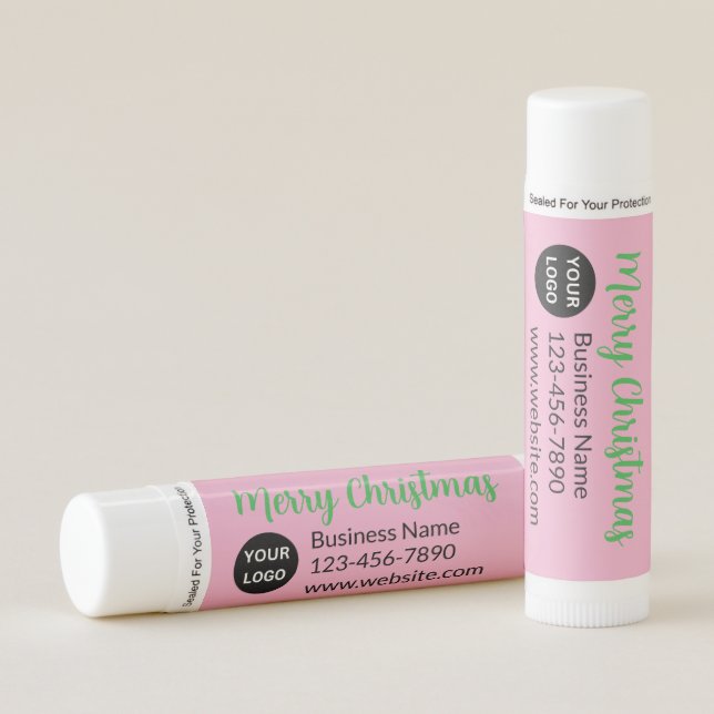 Merry Christmas Green & Light Pink Business Logo Lip Balm (Front)