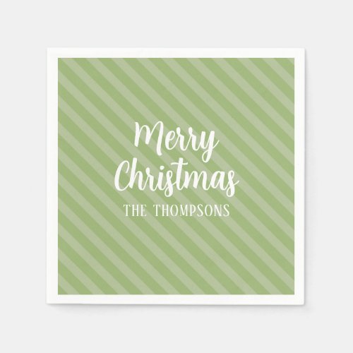 Merry Christmas Green Minimalist Simple Striped Napkins