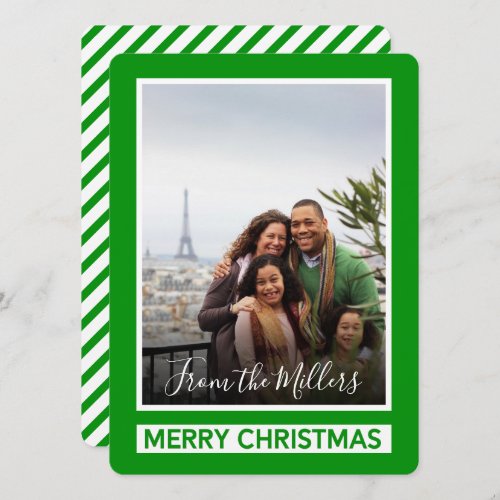 Merry Christmas Green Modern Diagonal Lines Photo Holiday Card