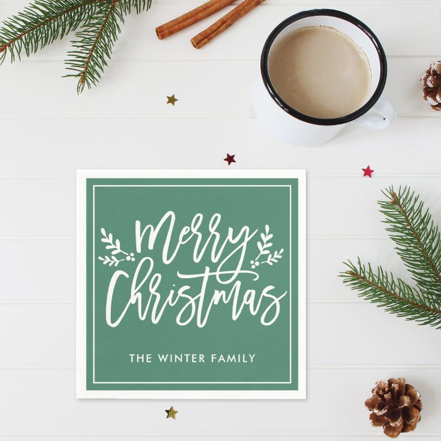 Merry Christmas Green Modern Script Holiday Paper Napkins (Creator Uploaded)