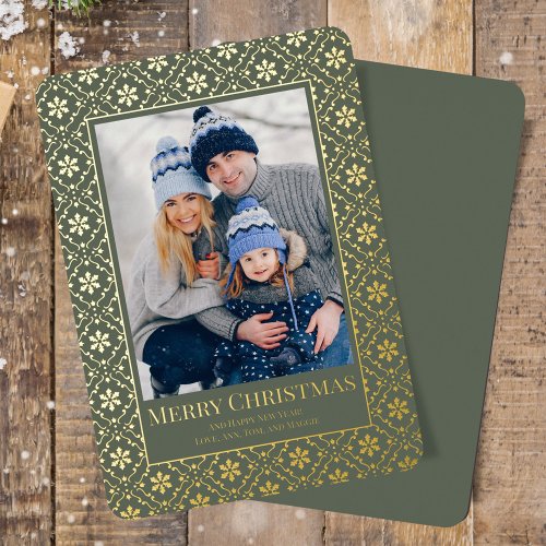 Merry Christmas Green One Photo Snowflake  Foil Holiday Card