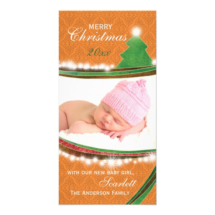Merry Christmas Green & Orange New Baby Photocards Picture Card