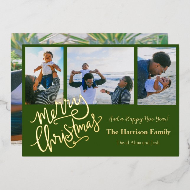 Merry Christmas Green Personalized Photo Gold Foil Holiday Card (Front/Back)