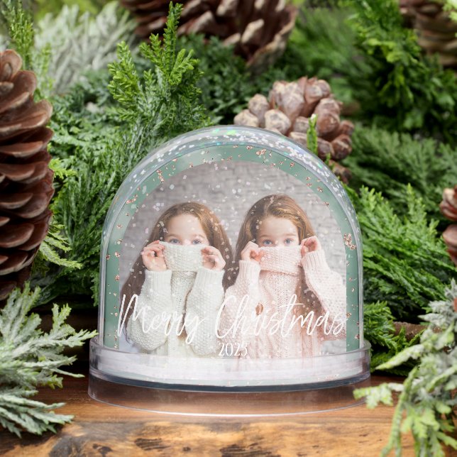 Merry Christmas Green Personalized Photo Snow Globe (Winter)