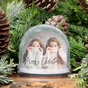 Merry Christmas Green Personalized Photo Snow Globe