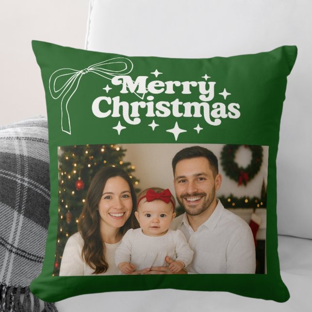 Merry Christmas green photo bow hand-drawn Throw Pillow (Creator Uploaded)