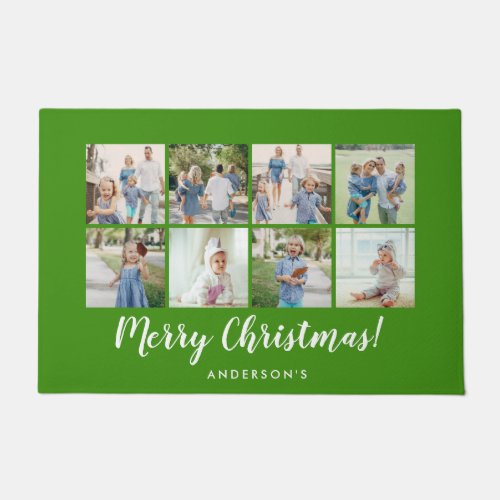Merry Christmas Green Photo Collage Doormat
