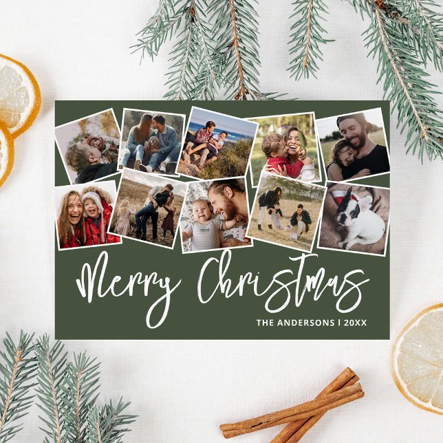 Merry Christmas Green Photo Collage Holiday Card (Creator Uploaded)