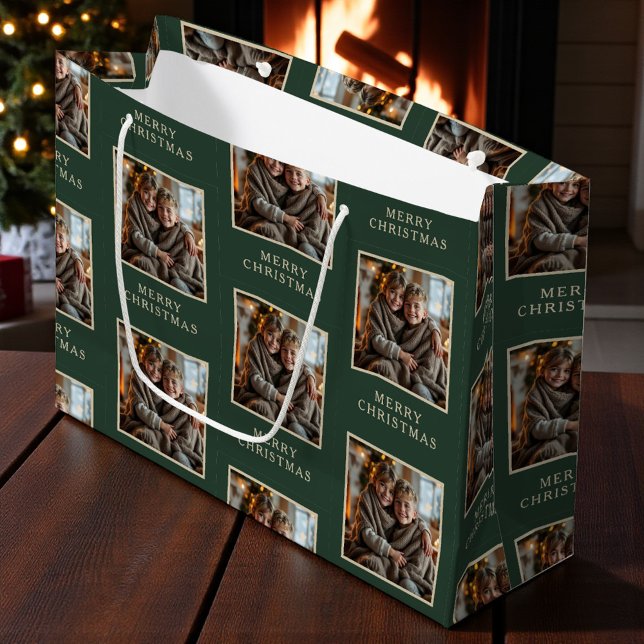 Merry Christmas Green Photo Holiday Large Gift Bag (Creator Uploaded)