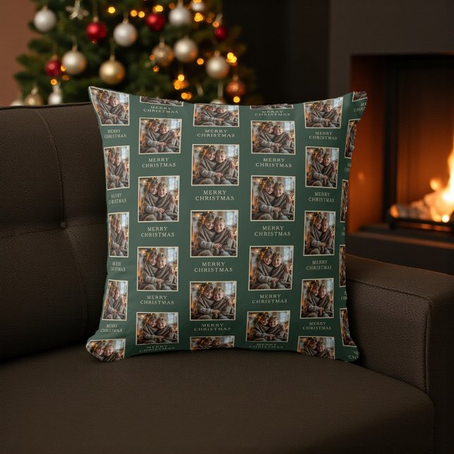 Merry Christmas Green Photo Holiday Throw Pillow (Creator Uploaded)