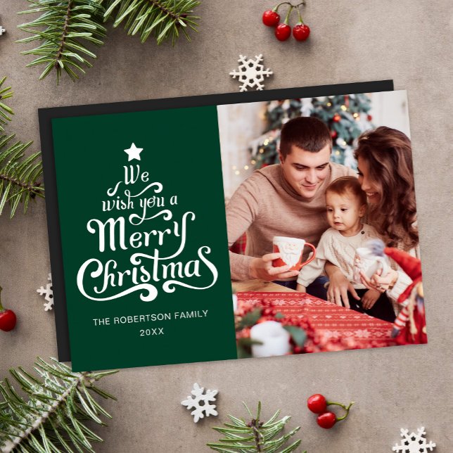 Merry Christmas Green Photo Magnetic Holiday Card (Creator Uploaded)