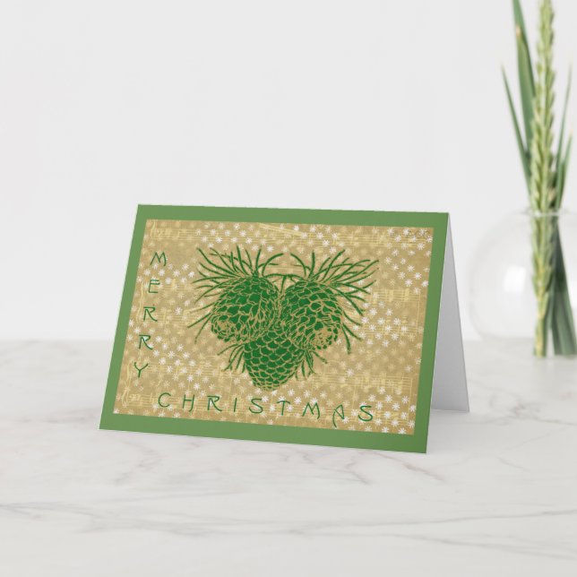 Merry Christmas green pine cones music Holiday Card (Front)