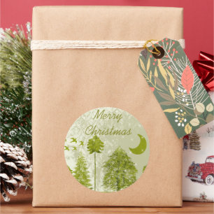 Merry Christmas Green Pines Moon & Stars Classic Round Sticker
