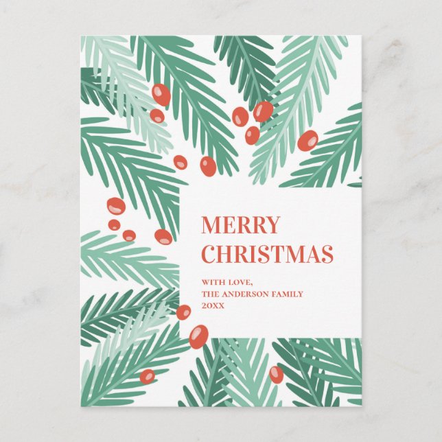Merry christmas. Green pines. Red berry. Modern Holiday Postcard (Front)