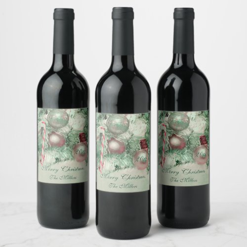 Merry Christmas Green Pink Holiday Tree Ornaments Wine Label