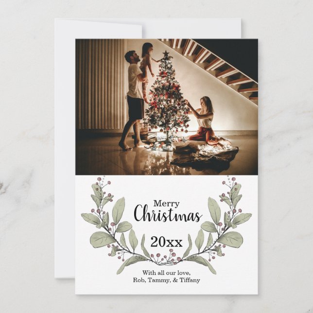 Merry Christmas Green Pink Mistletoe Wreath Photo Holiday Card (Front)