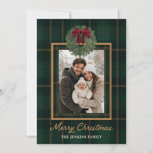 Merry Christmas Green Plaid and Wreath Photo Invitation