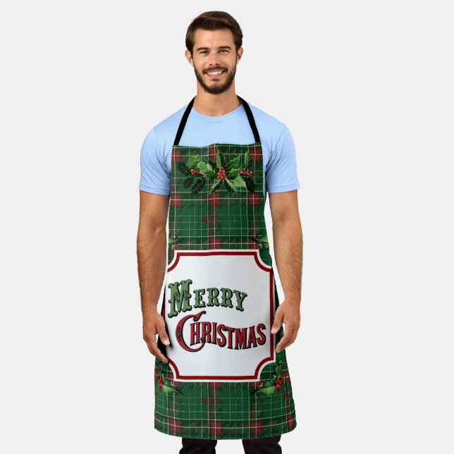 Merry Christmas Green Plaid Apron (Worn)
