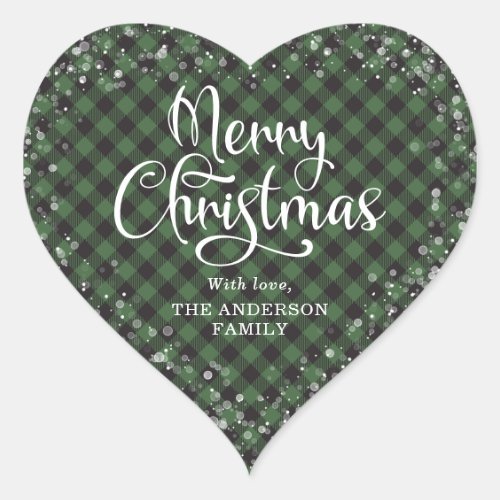 Merry Christmas Green Plaid Calligraphy Snow Heart Sticker