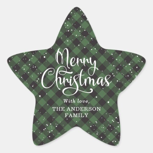 Merry Christmas Green Plaid Calligraphy Snow Star Sticker